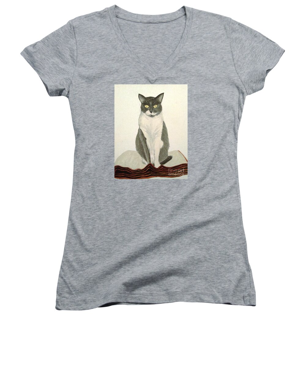 Portrait Women's V-Neck featuring the painting Cat Blanket by Stacy C Bottoms