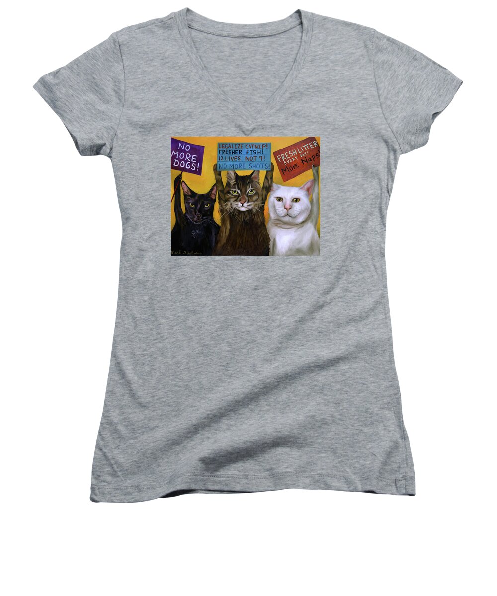 Cats Women's V-Neck featuring the painting Cats On Strike 2 by Leah Saulnier The Painting Maniac