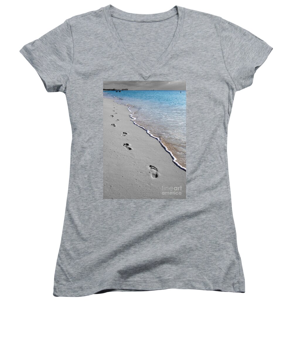 Grand Cayman Women's V-Neck featuring the digital art Cayman Footprints Color Splash Black and White by Shawn O'Brien