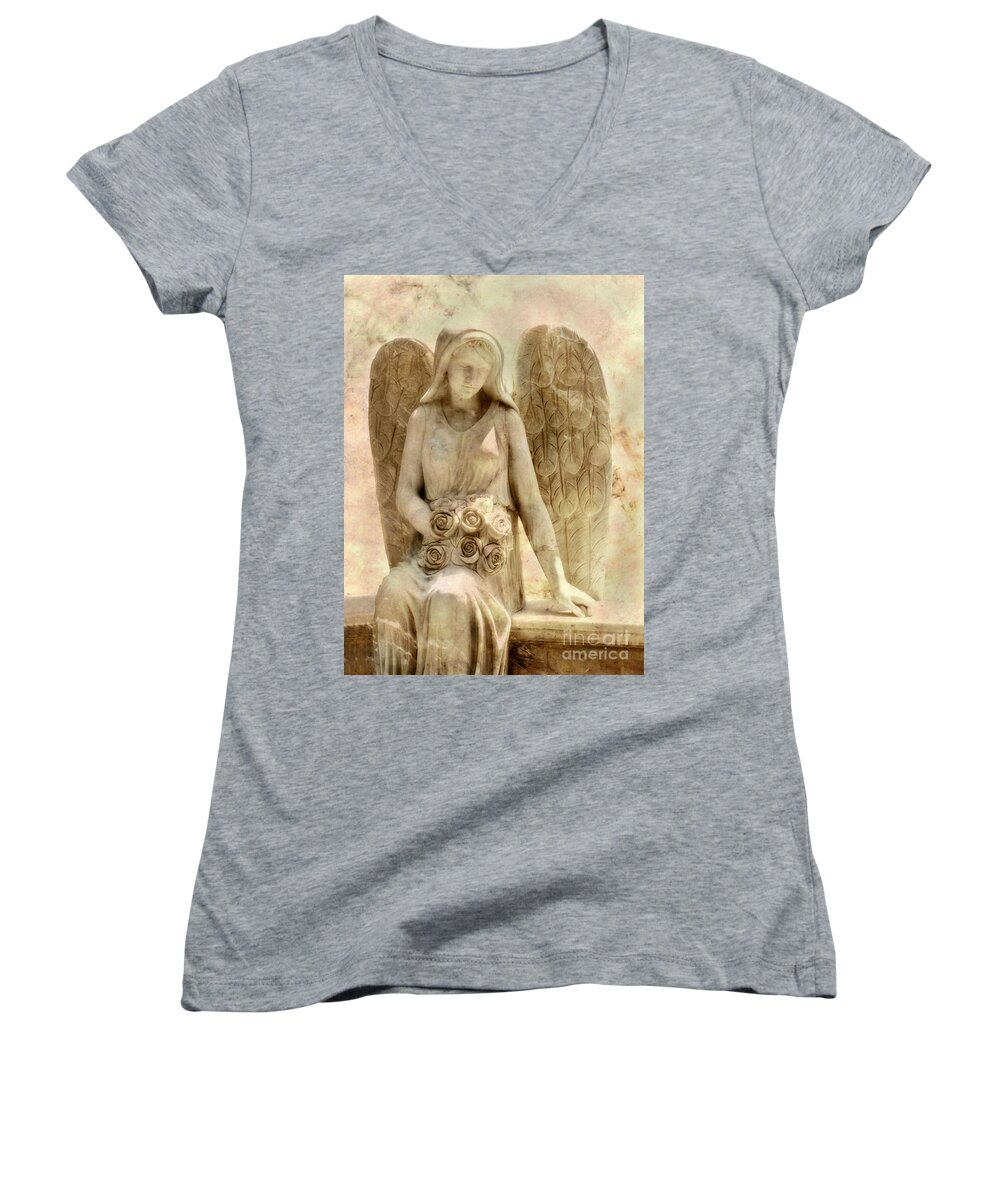 Cemetery Women's V-Neck featuring the digital art Cemetery Angel Statue by Randy Steele