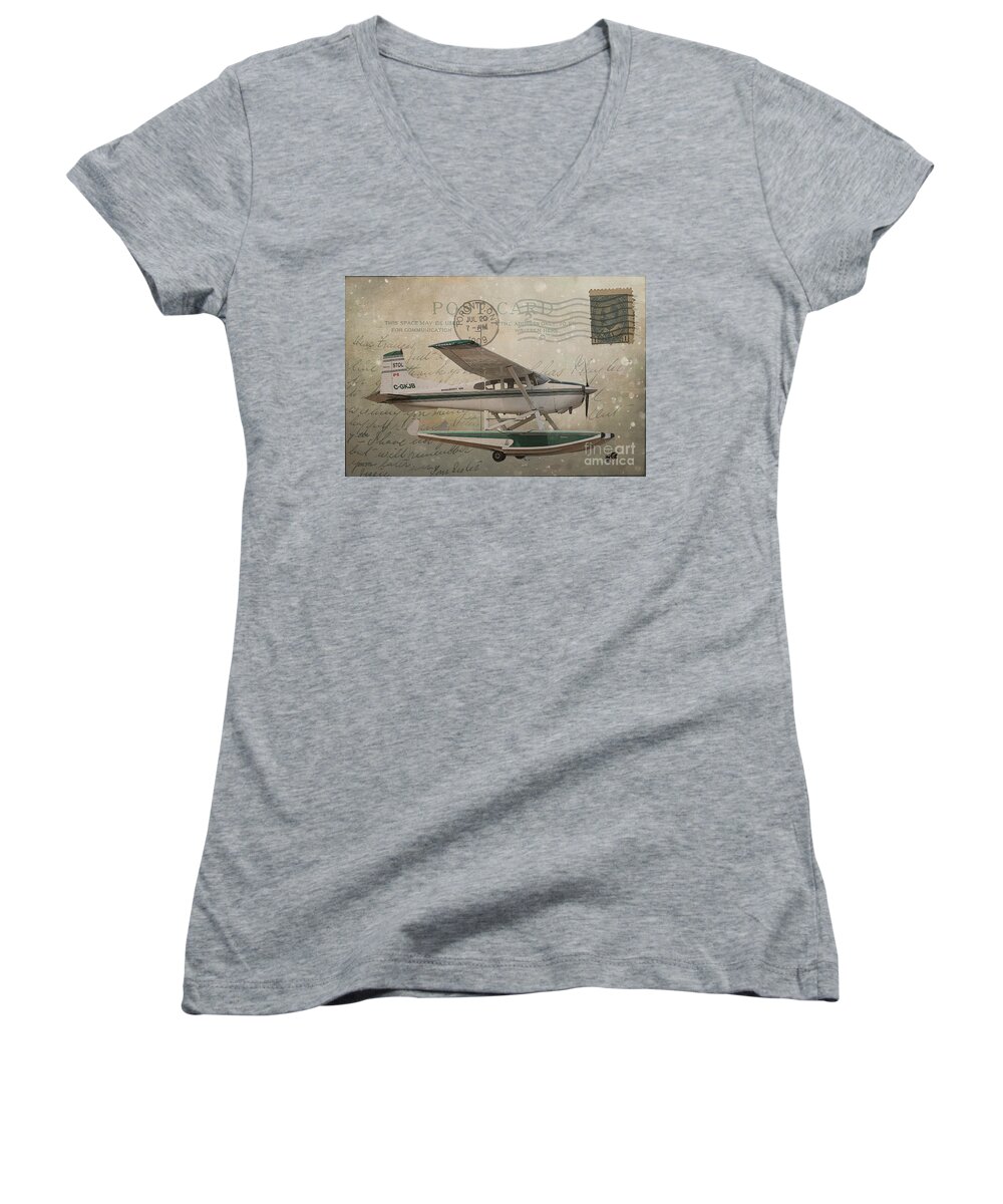 Planes Women's V-Neck featuring the photograph Cessna Skywagon 185 on Vintage Postcard by Nina Silver