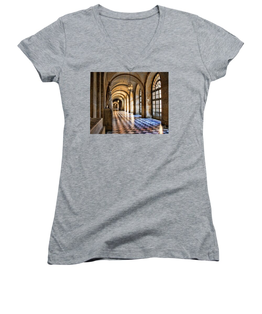 France Women's V-Neck featuring the photograph Chateau Versailles Interior Hallway Architecture by Chuck Kuhn