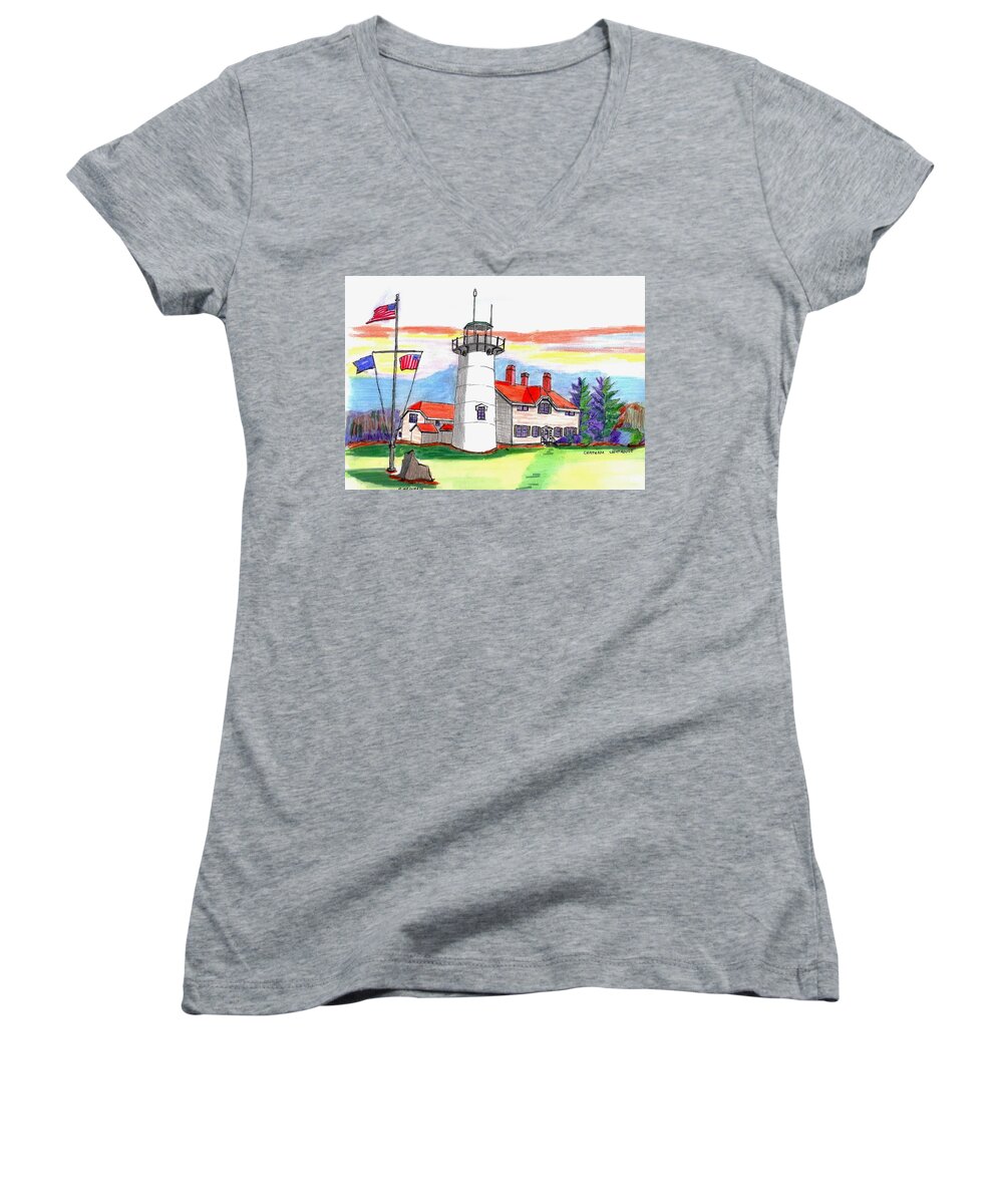 Drawings By Paul Meinerth Women's V-Neck featuring the photograph Chatham Lighthouse by Paul Meinerth