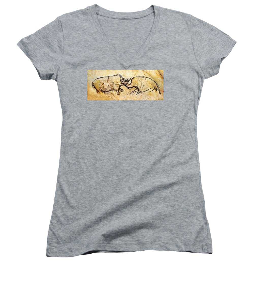 Chauvet Women's V-Neck featuring the painting Chauvet Rhinoceros in Combat by Weston Westmoreland