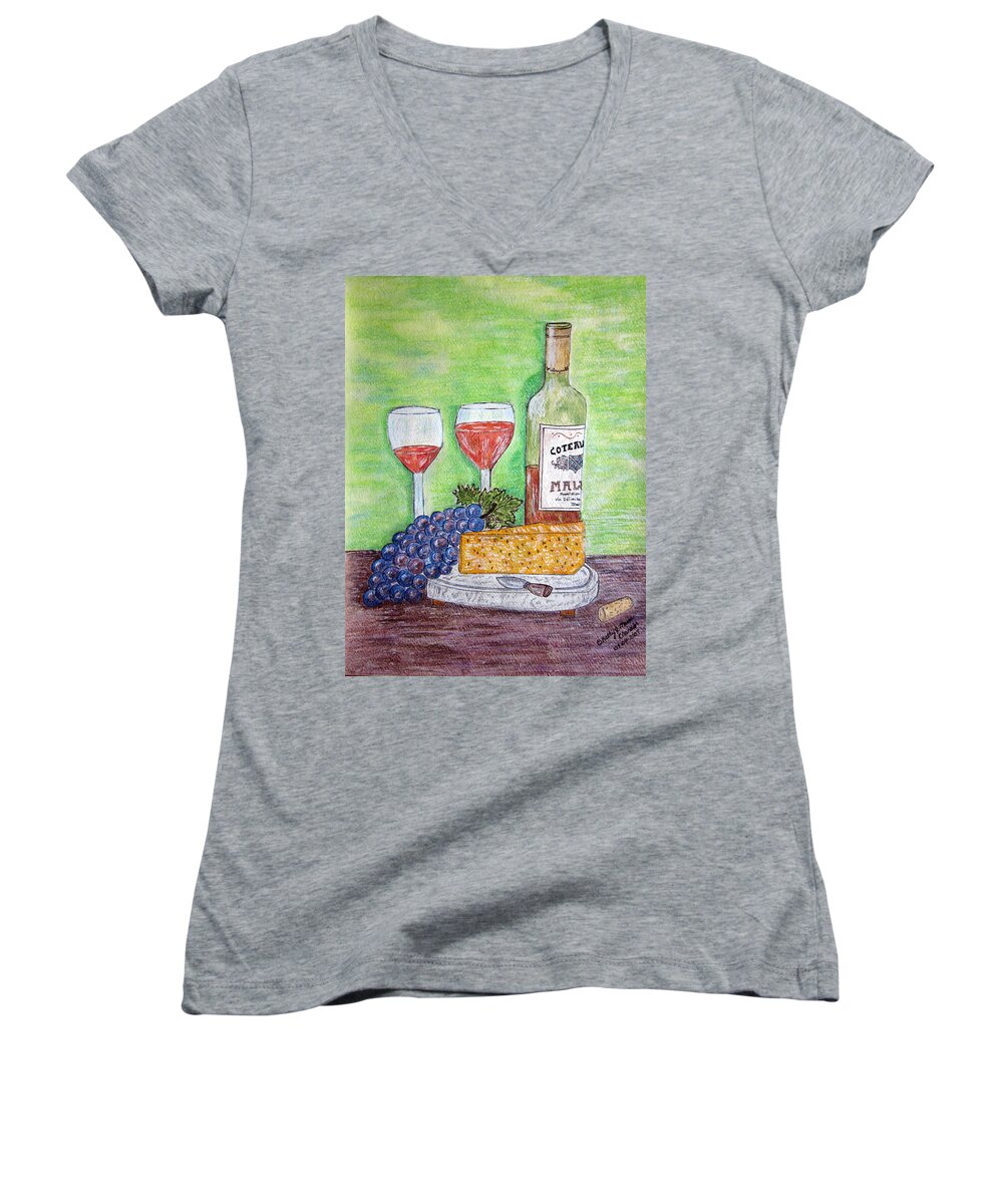Cheese Women's V-Neck featuring the painting Cheese Wine and Grapes by Kathy Marrs Chandler