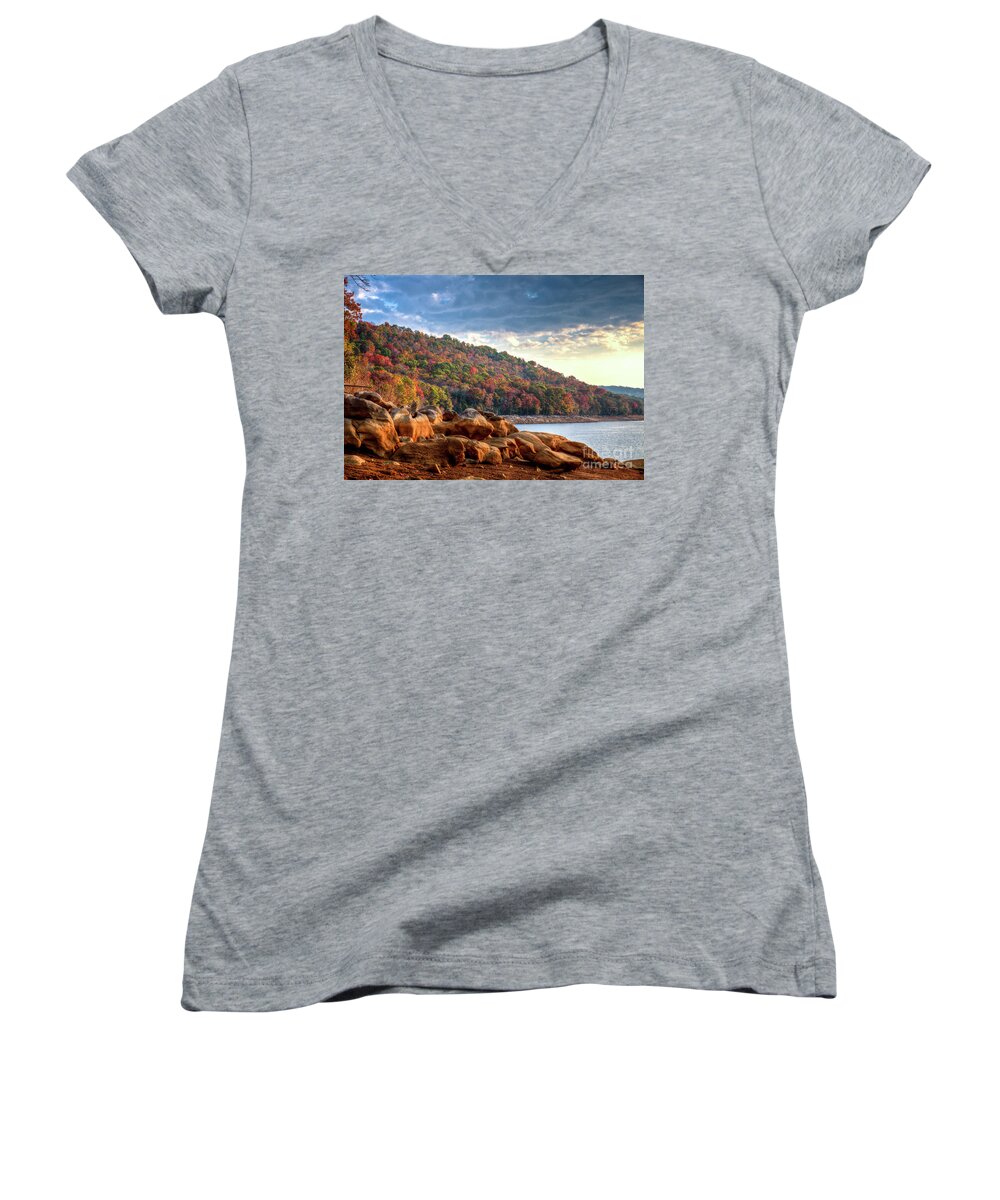 Lake Women's V-Neck featuring the photograph Cherokee Lake Color II by Douglas Stucky