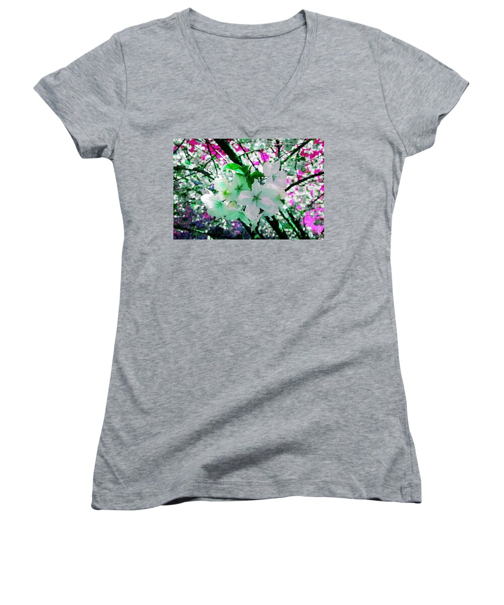 Fantasy Women's V-Neck featuring the photograph Cherry Blossom Splash In Teal Touch by Rowena Tutty