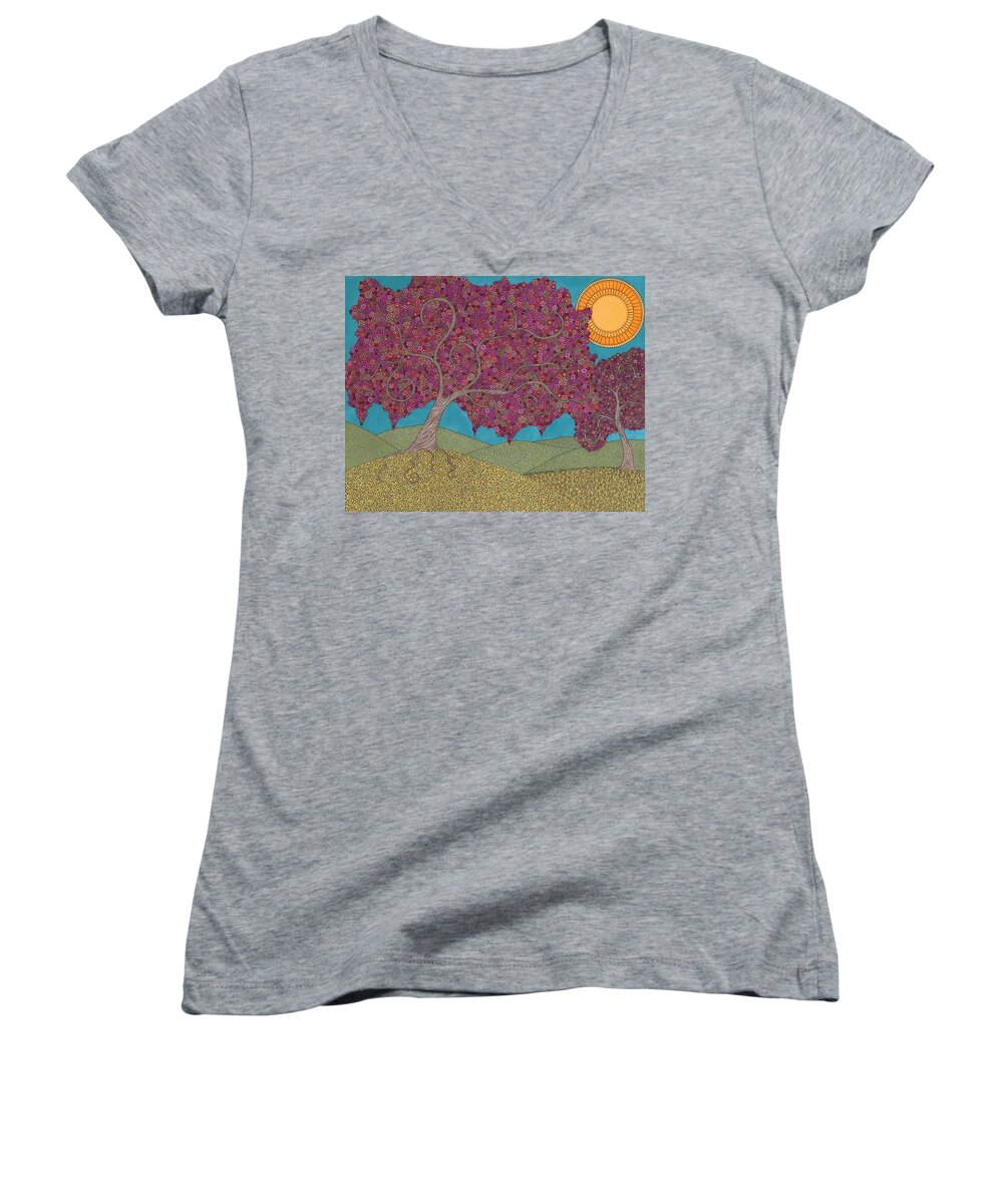 Cherry Blossoms Women's V-Neck featuring the drawing Cherry Blossom Spring by Pamela Schiermeyer