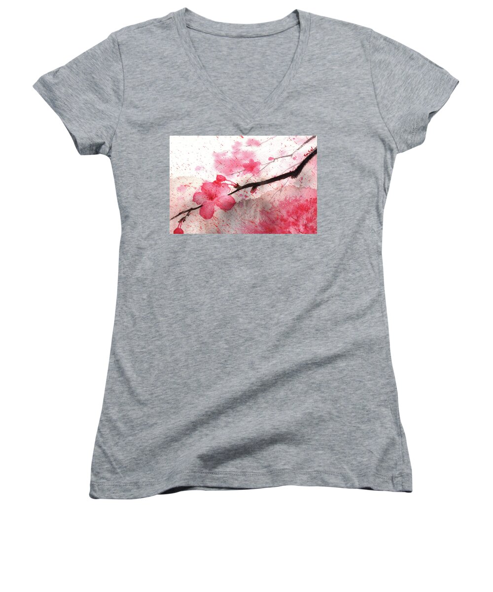 Cherry Blossom Women's V-Neck featuring the painting Cherry Blossoms 1 by Sean Seal
