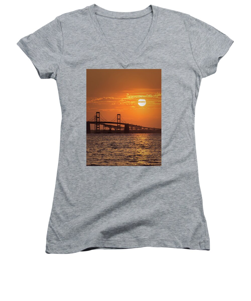 Sunset Women's V-Neck featuring the photograph Chesapeake Bay Bridge Sunset II by Richard Macquade