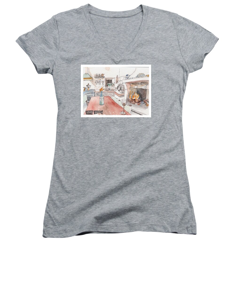 Kitchen Women's V-Neck featuring the painting Chez Gwen by Tilly Strauss