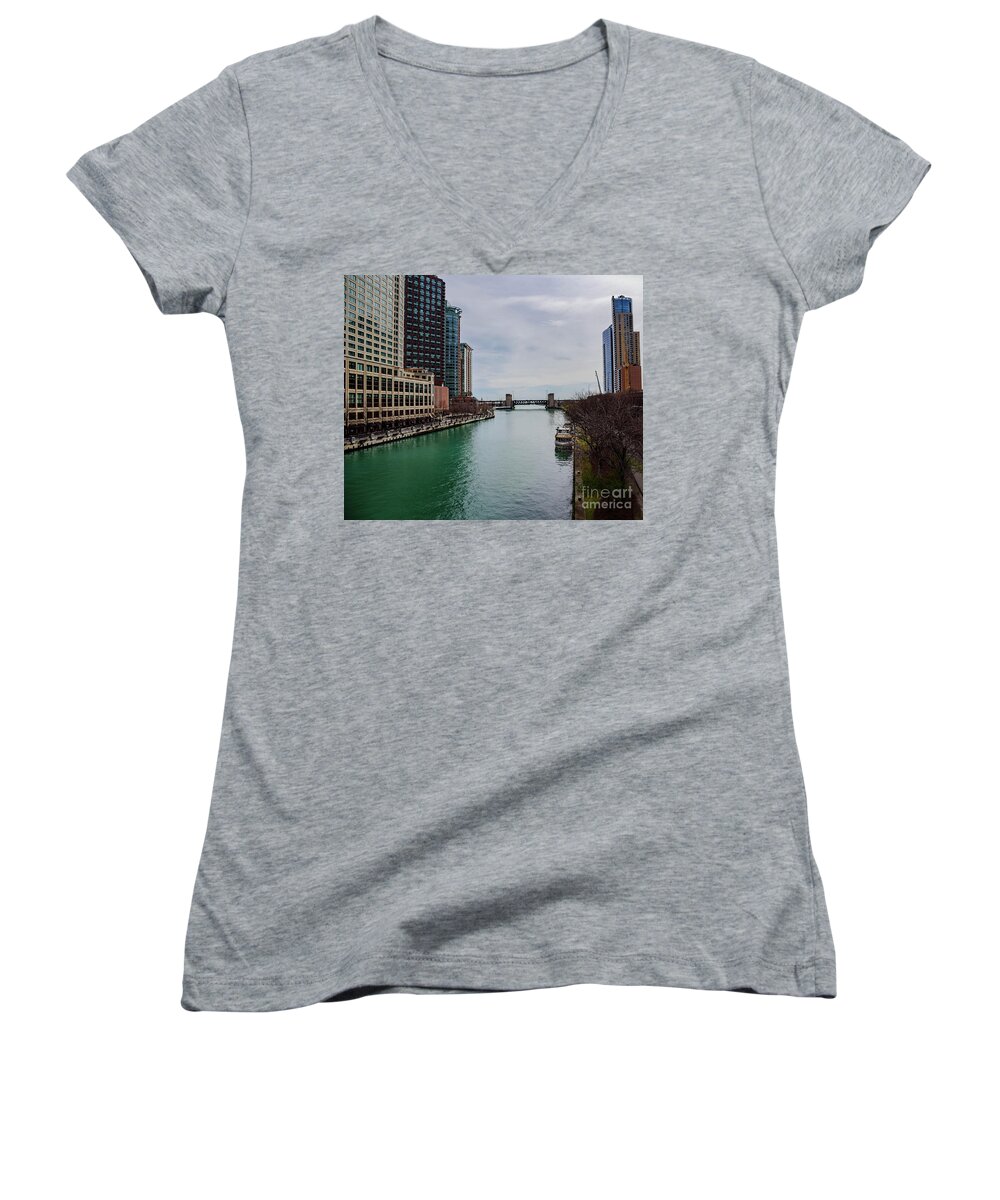 April 2017 Women's V-Neck featuring the photograph Chicago River. April 2017 by Jeff Hubbard