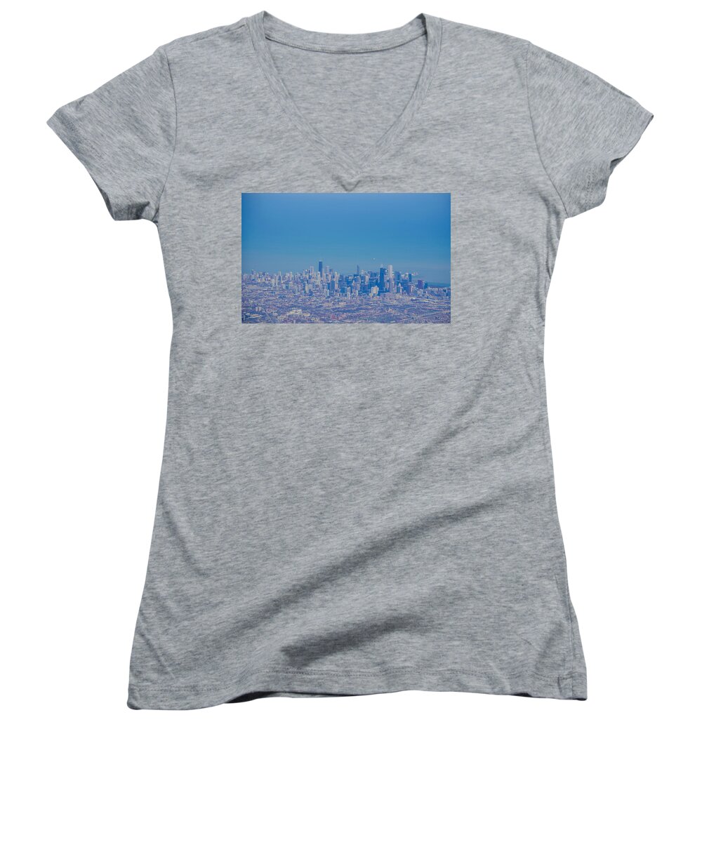 Chicago Women's V-Neck featuring the photograph Chicago Skyline Aerial View by Deborah Smolinske