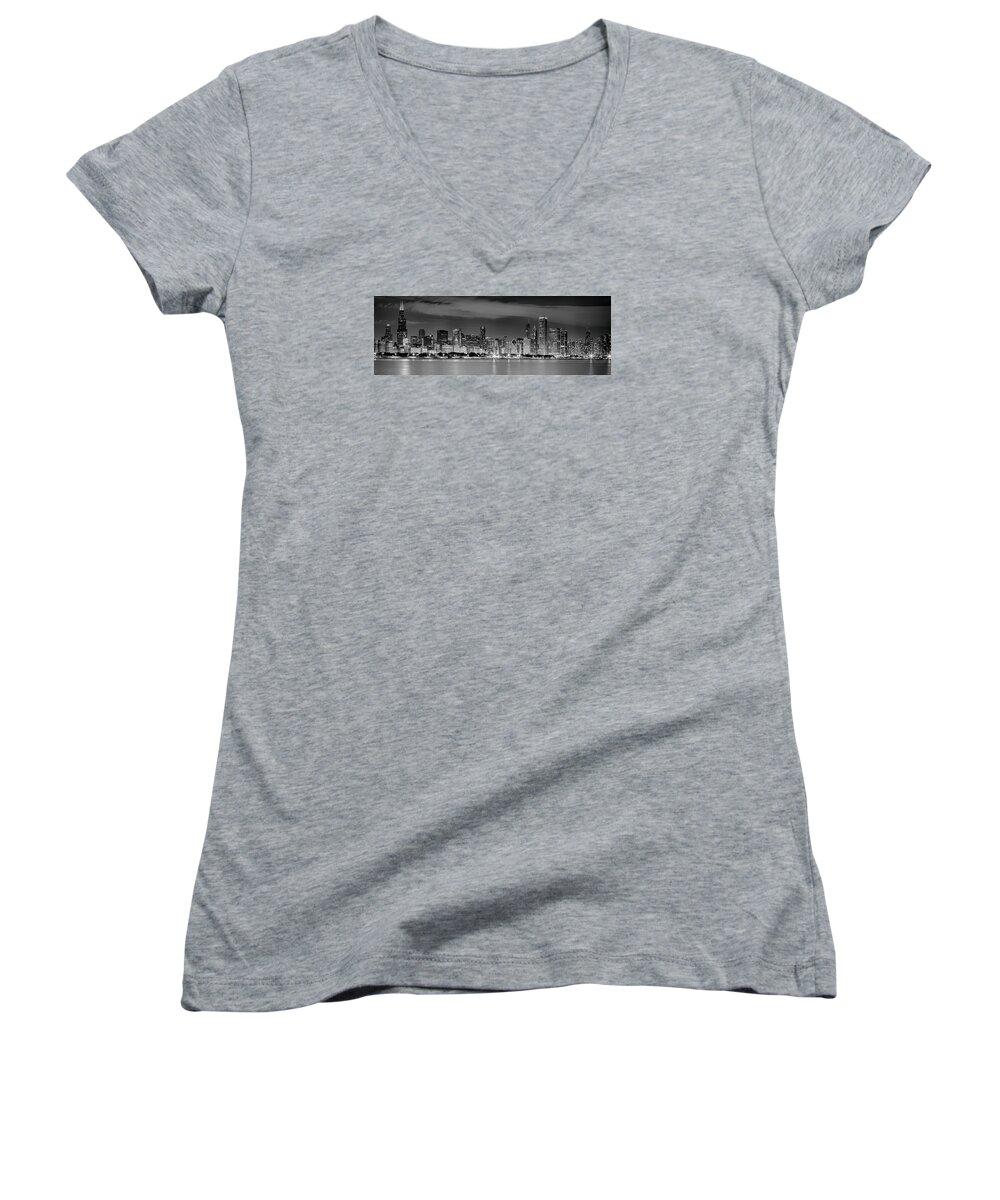 Chicago Women's V-Neck featuring the photograph Chicago Skyline Black and White by Lev Kaytsner