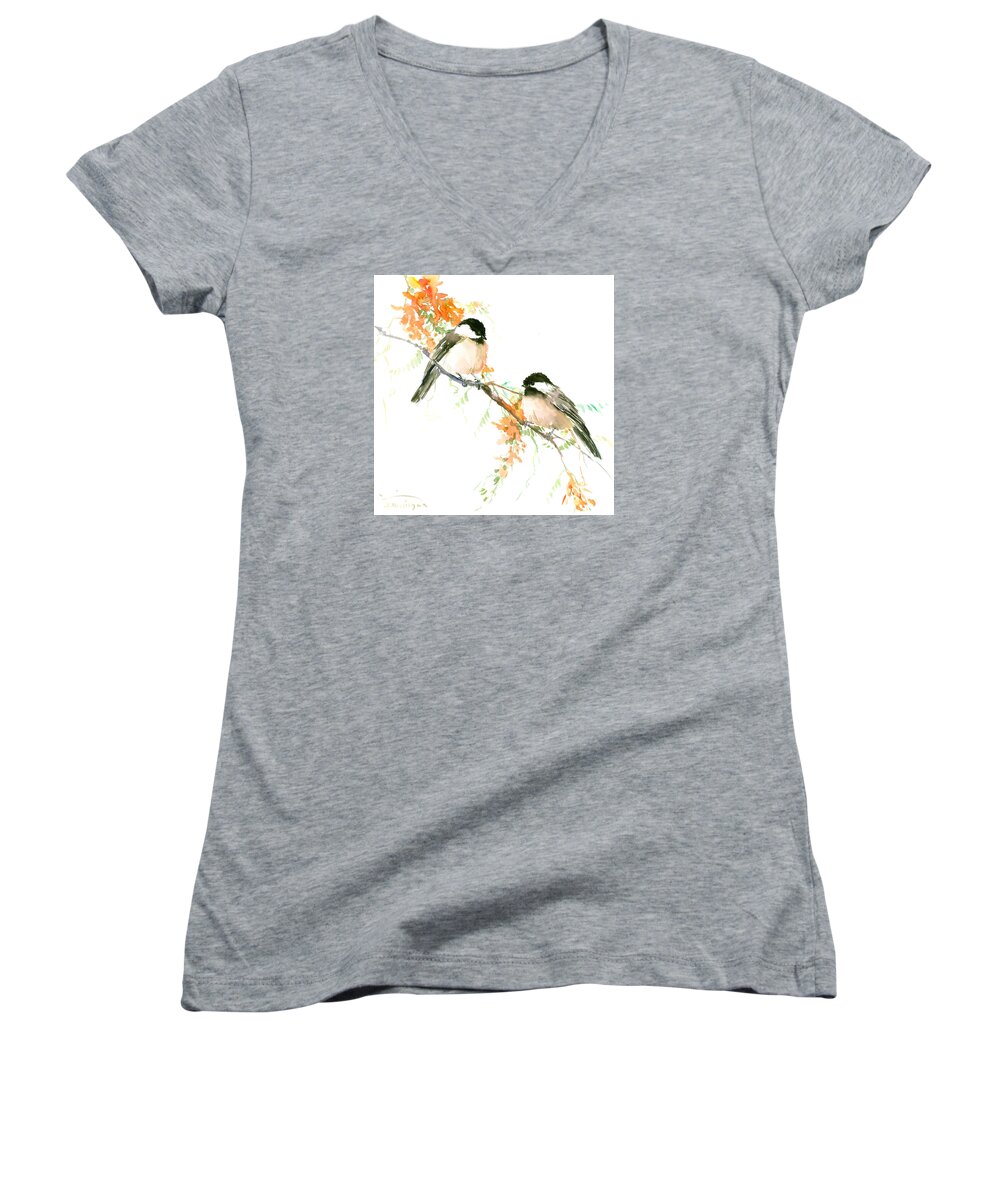 Chickadee Women's V-Neck featuring the painting Chickadees and Orange Flowers by Suren Nersisyan