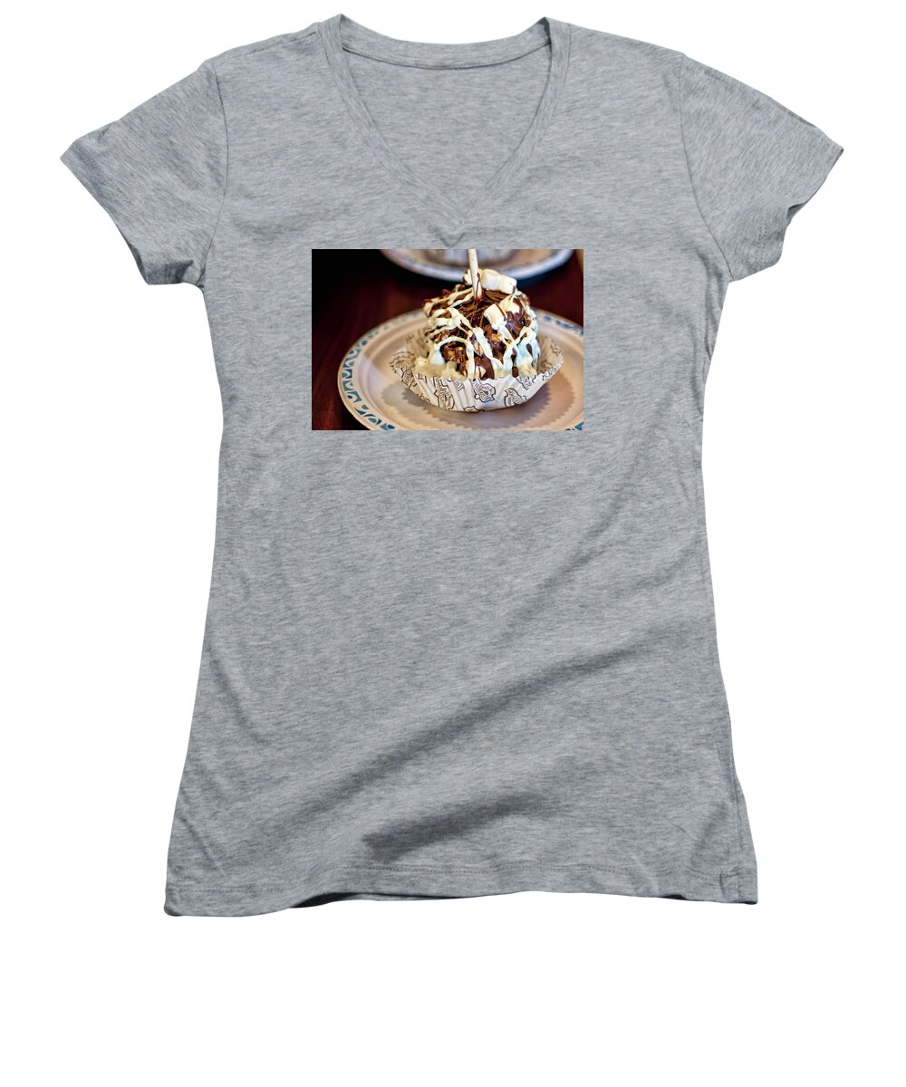 Food Women's V-Neck featuring the photograph Chocolate Caramel Apple by Dan McManus