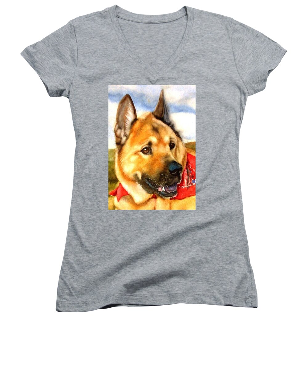 Chow Women's V-Neck featuring the painting Chow Shepherd mix by Marilyn Jacobson