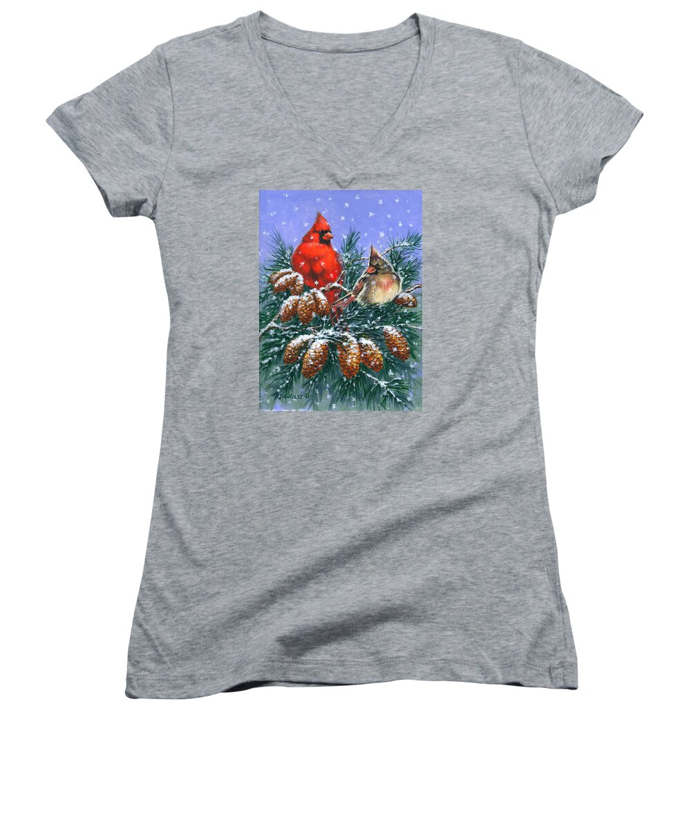 Cardinal Women's V-Neck featuring the painting Christmas Cardinals #1 by Richard De Wolfe