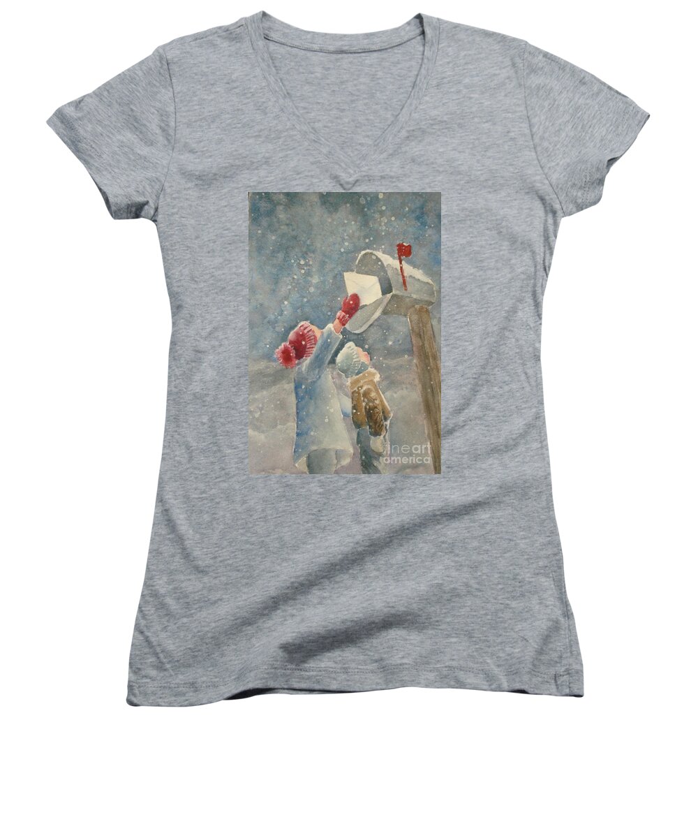 Snow Women's V-Neck featuring the painting Christmas Letter by Marilyn Jacobson