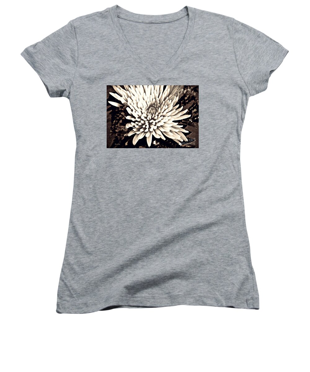 Chrysanthemum Women's V-Neck featuring the photograph Chrysanthemum in Sepia 2 by Sarah Loft