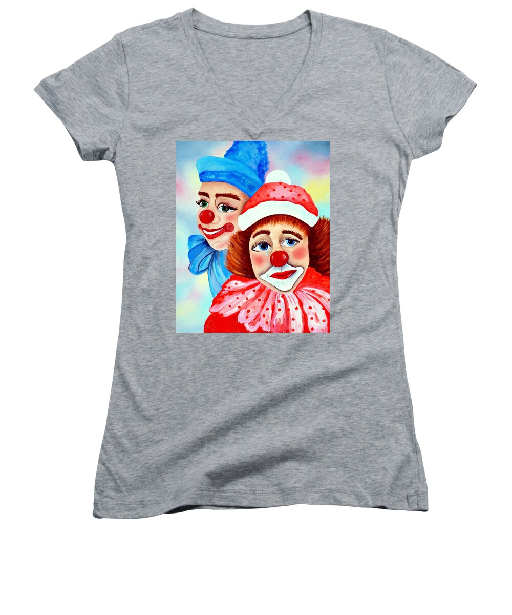 Clown Women's V-Neck featuring the painting Chubby And Chuckles.. by Tanya Tanski