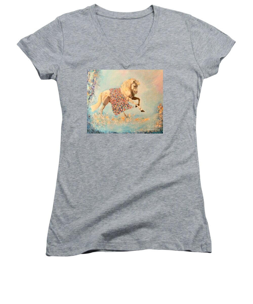 Unicorn With Flowers Women's V-Neck featuring the painting Cinderellas Unicorn by Dagmar Helbig