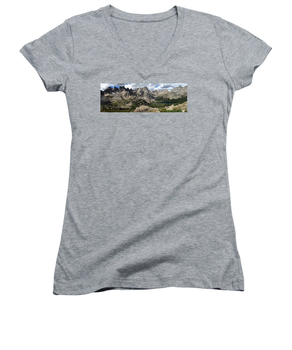 Wyoming Women's V-Neck featuring the photograph Cirque of the Towers Panoramic by Brett Pelletier