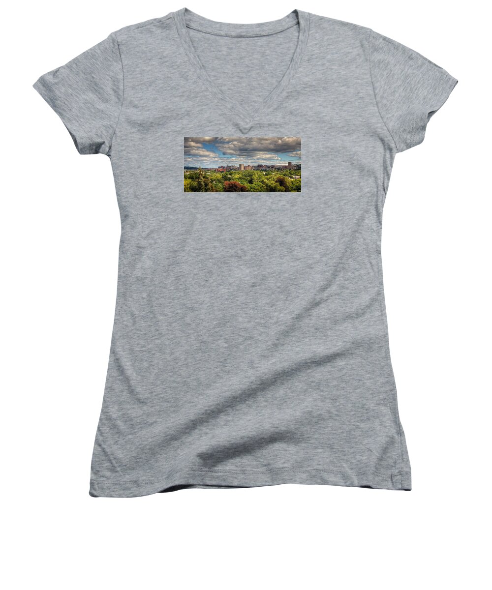 Syracuse Women's V-Neck featuring the photograph City Skyline by Everet Regal