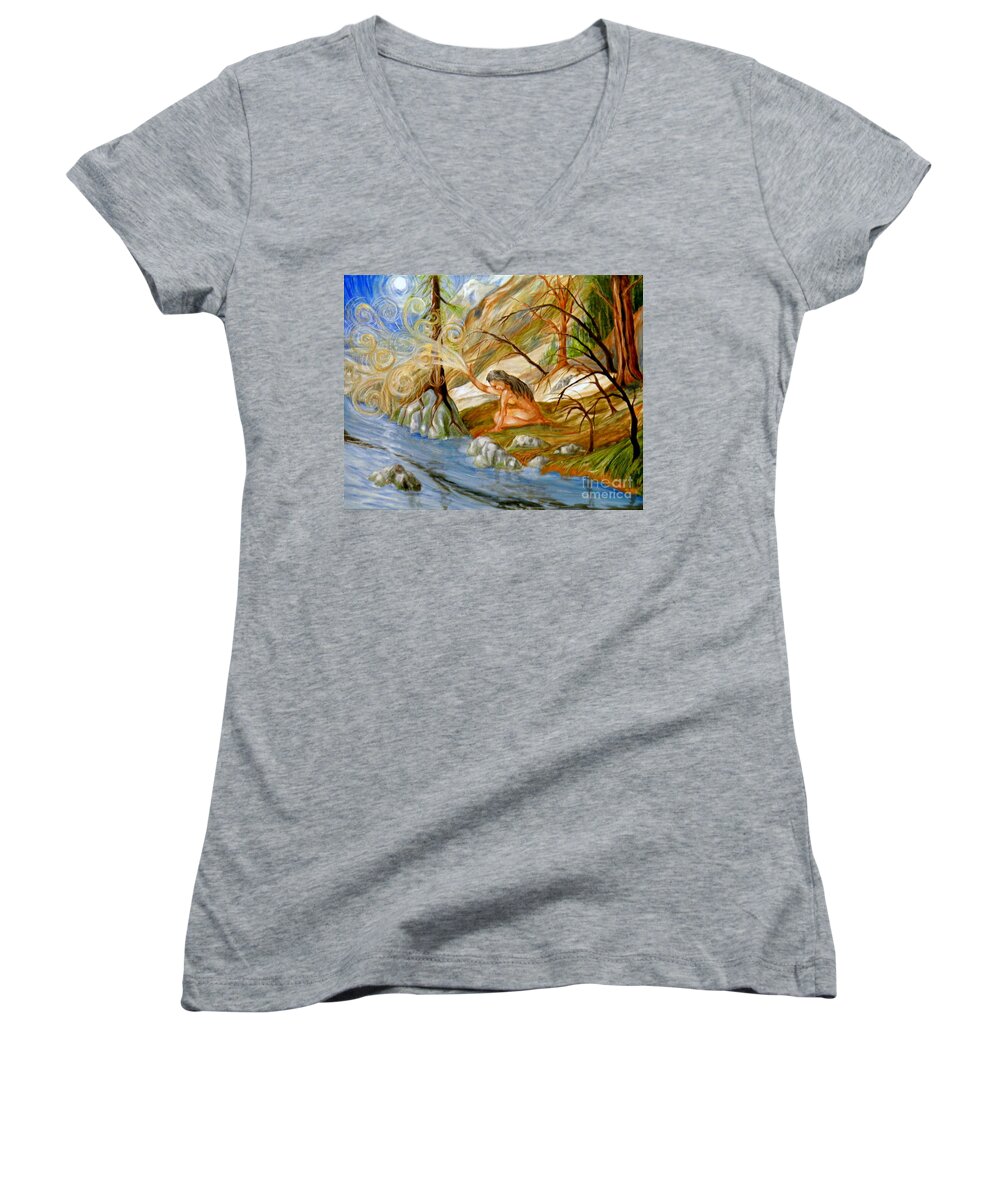 Female Woman Landscape River Trees Forest Rocks Sky Moon Light Shadow Surrealistic Branches Roots Blue White Orange Green Yellow Brown Black Grey Swirls Symbolic Women's V-Neck featuring the painting Clay Woman by Ida Eriksen