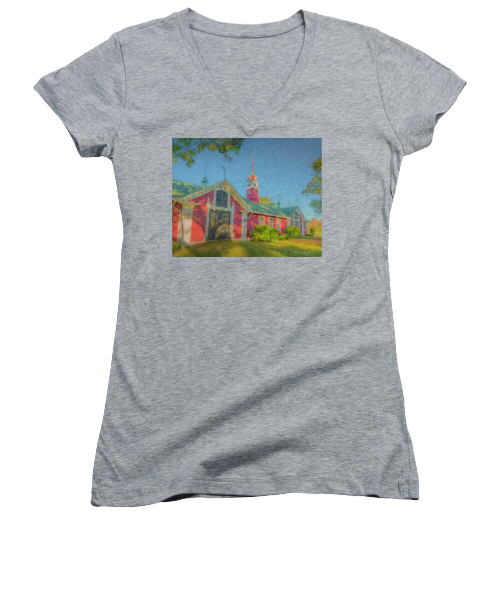 David Ames Women's V-Neck featuring the painting David Ames Clock Farm by Bill McEntee