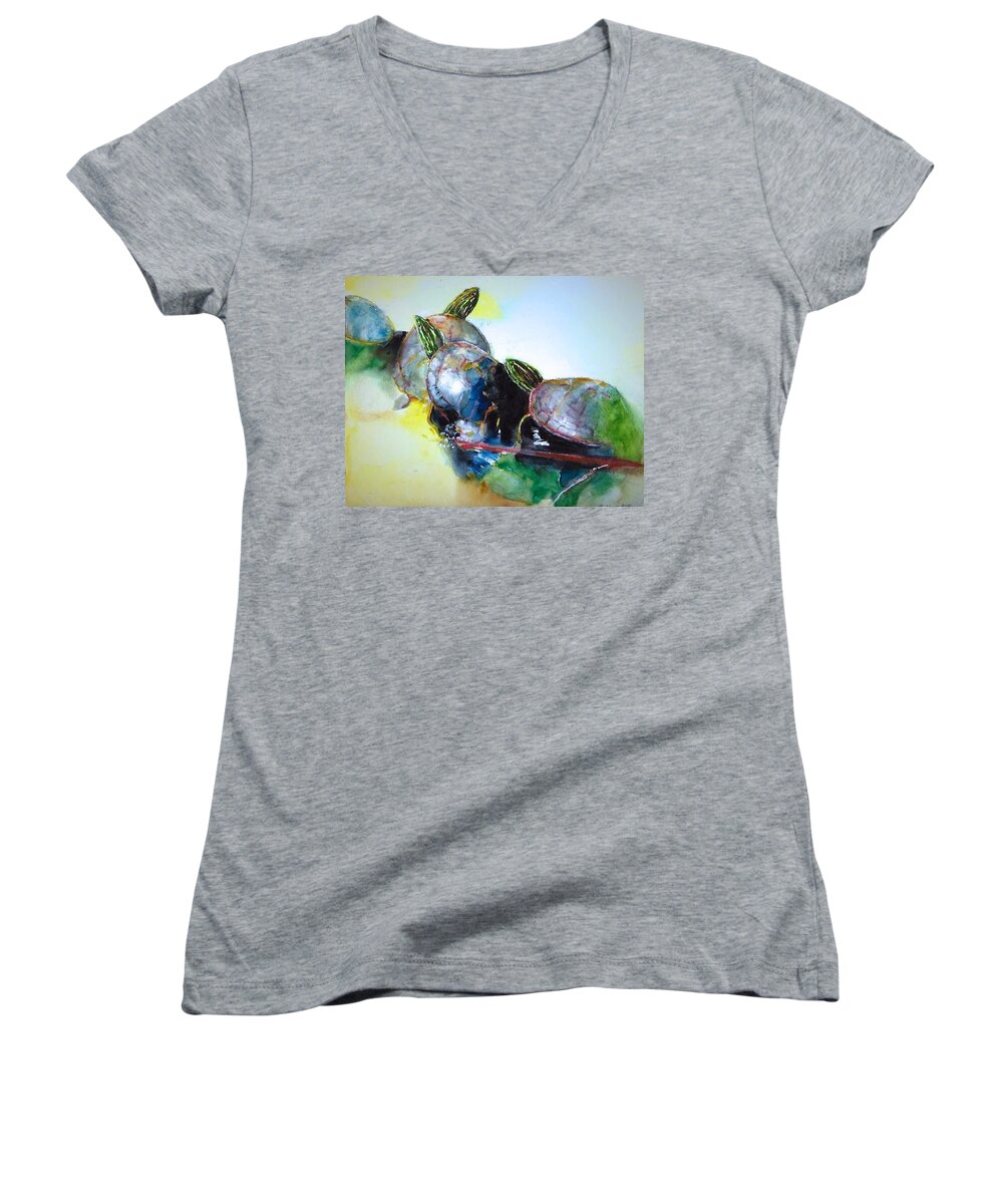 Turtles. Women's V-Neck featuring the painting Close Friends by Bobby Walters