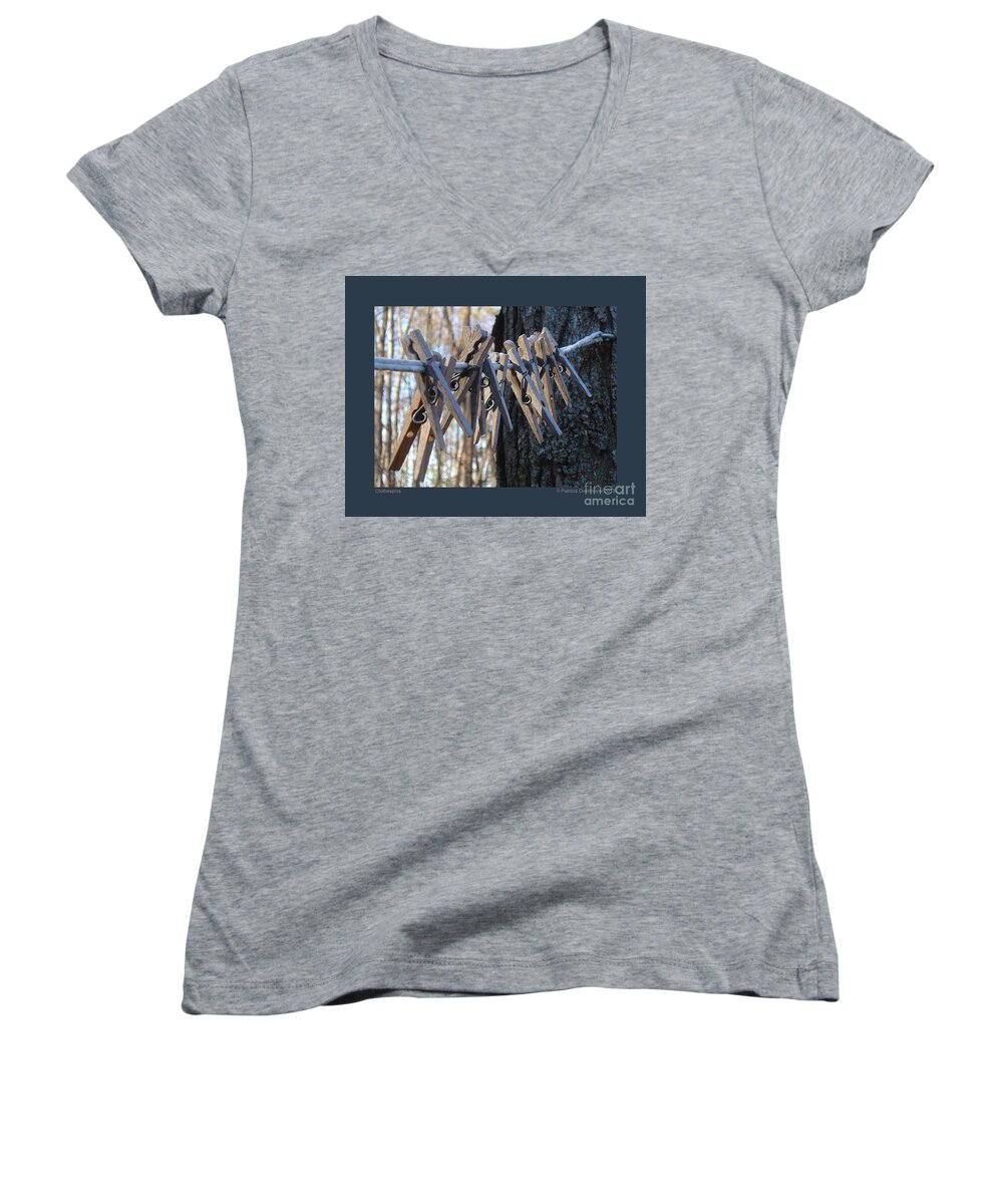 Clothespin Women's V-Neck featuring the photograph Clothespins by Patricia Overmoyer