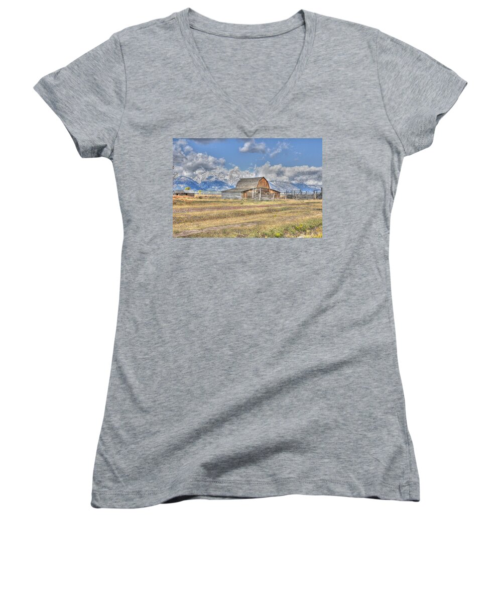 Teton Women's V-Neck featuring the photograph Clouds and Barn by David Armstrong