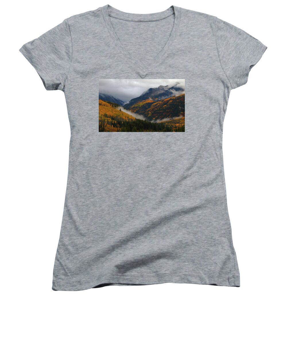 Autumn Women's V-Neck featuring the photograph Clouds and fog encompass autumn at McClure Pass in Colorado by Jetson Nguyen