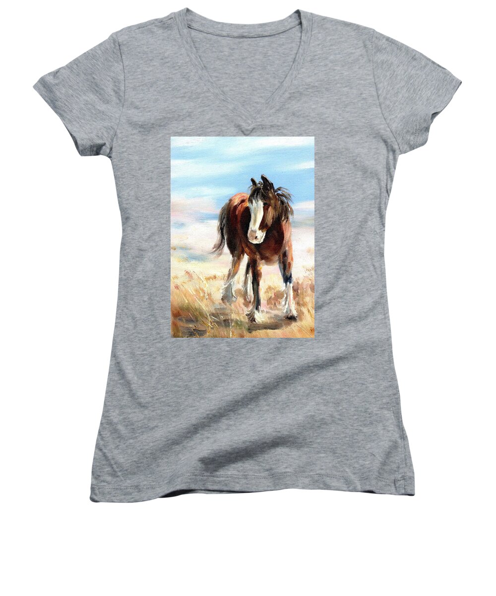 Clydesdale Women's V-Neck featuring the painting Clydesdale Foal by Ryn Shell