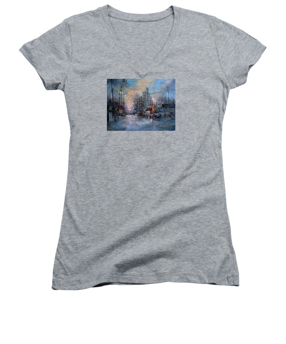 Midwest Winter Women's V-Neck featuring the painting Coffee Before Work by Dan Nelson