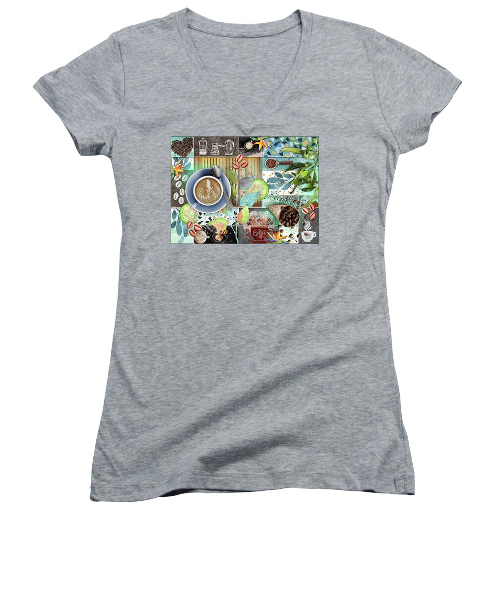 Coffee Women's V-Neck featuring the digital art Coffee Shop Collage by Linda Carruth