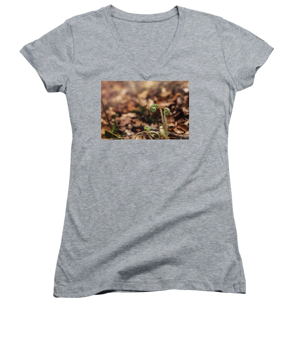 Fern Women's V-Neck featuring the photograph Coiled Fern Among Leaves on Forest Floor by Amber Flowers