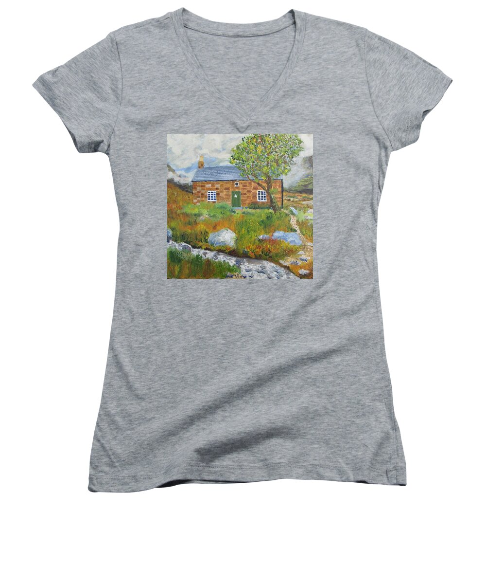 Coire Fionnaraich Bothy Women's V-Neck featuring the painting Coire Fionnaraich Bothy Mountain Rescue Coulags Scottish Highlands by Edward McNaught-Davis