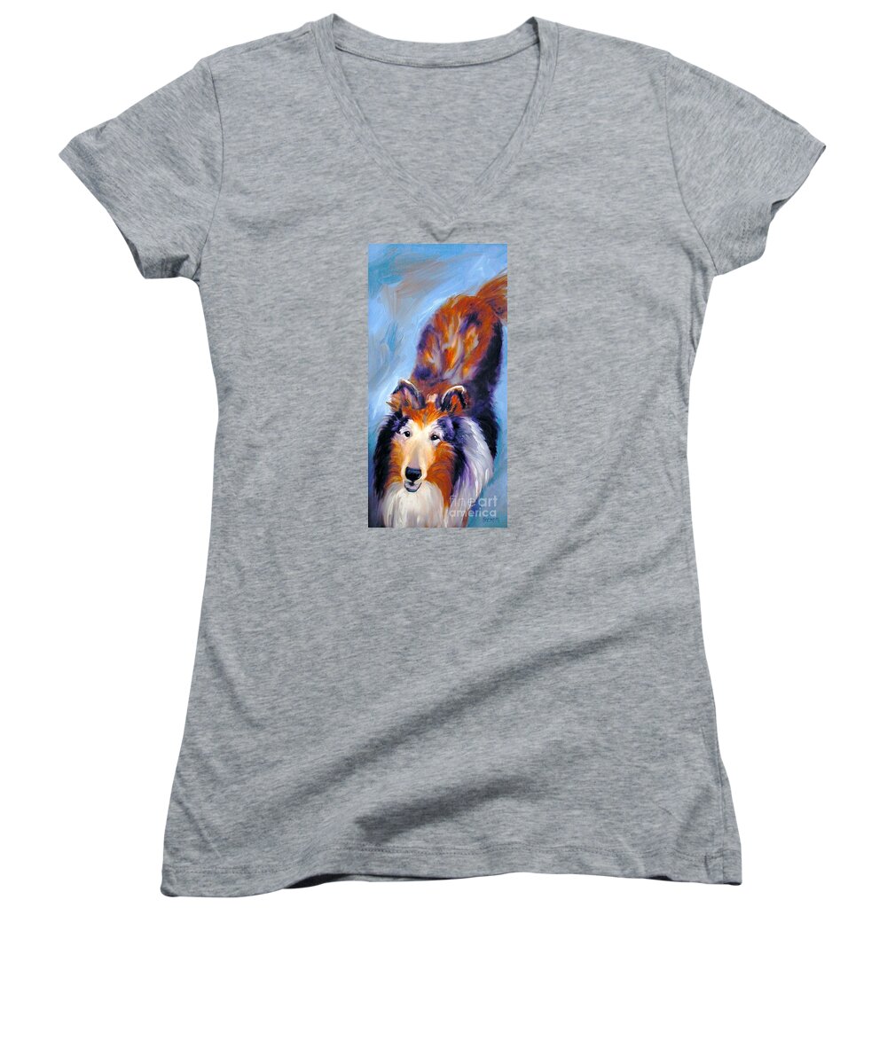 Collie Women's V-Neck featuring the painting Collie Sable Rough 1 by Susan A Becker