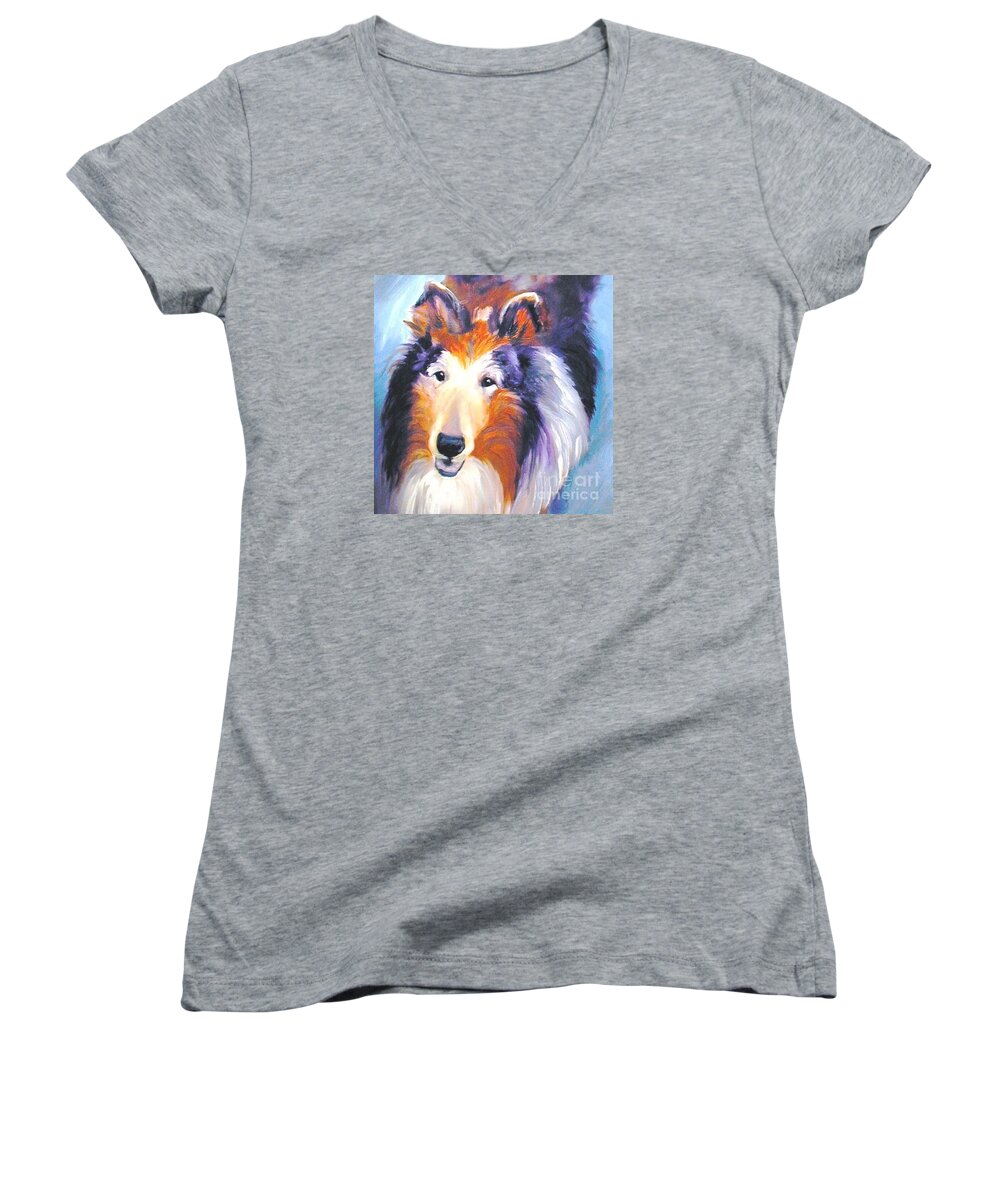 Collie Women's V-Neck featuring the painting Collie Sable Rough 2 by Susan A Becker