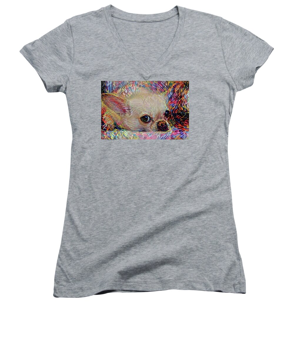 Chihuahua Women's V-Neck featuring the mixed media Colorful Abstract Chihuahua by Peggy Collins