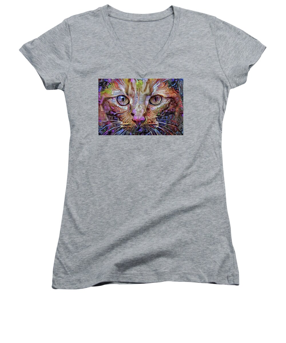 Cat Women's V-Neck featuring the digital art Colorful Cat Art by Peggy Collins