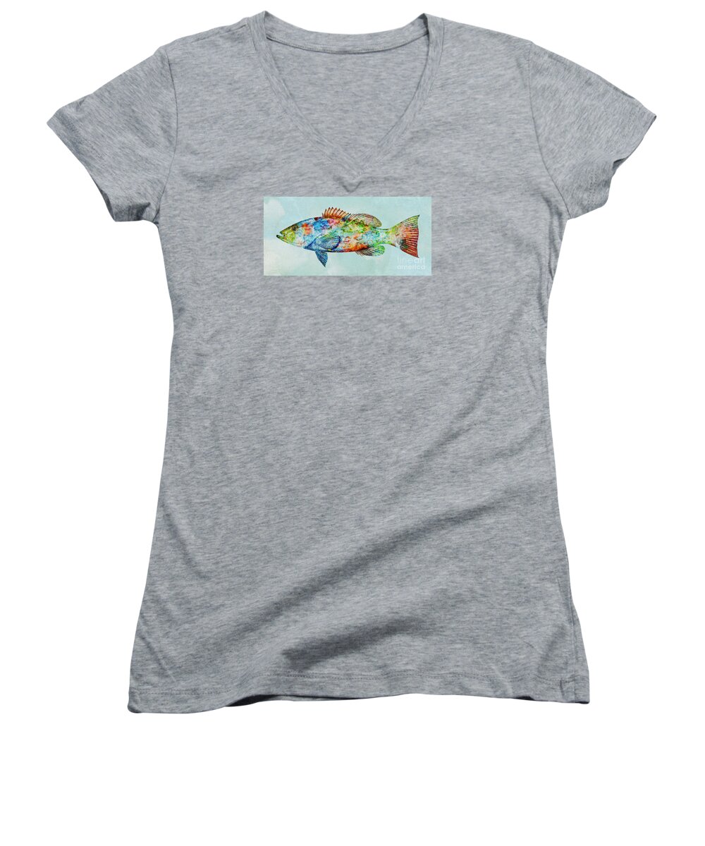 Color Fusion Women's V-Neck featuring the mixed media Colorful Gag Grouper Art by Olga Hamilton