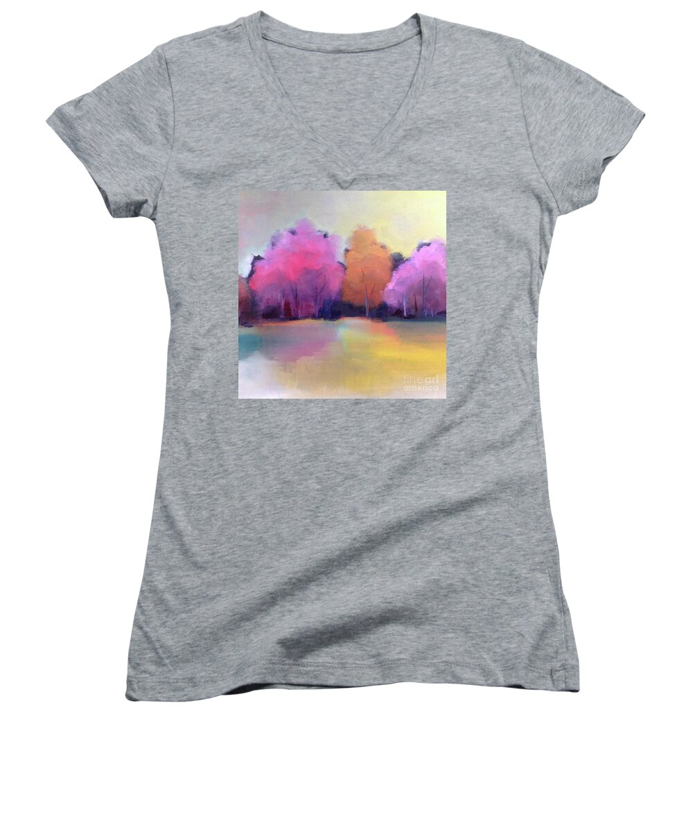 Trees Women's V-Neck featuring the painting Colorful Reflection by Michelle Abrams