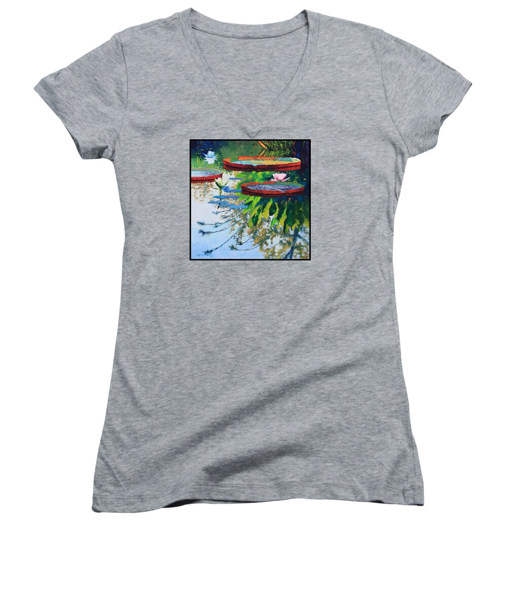 Garden Pond Women's V-Neck featuring the painting Colorful Reflections by John Lautermilch
