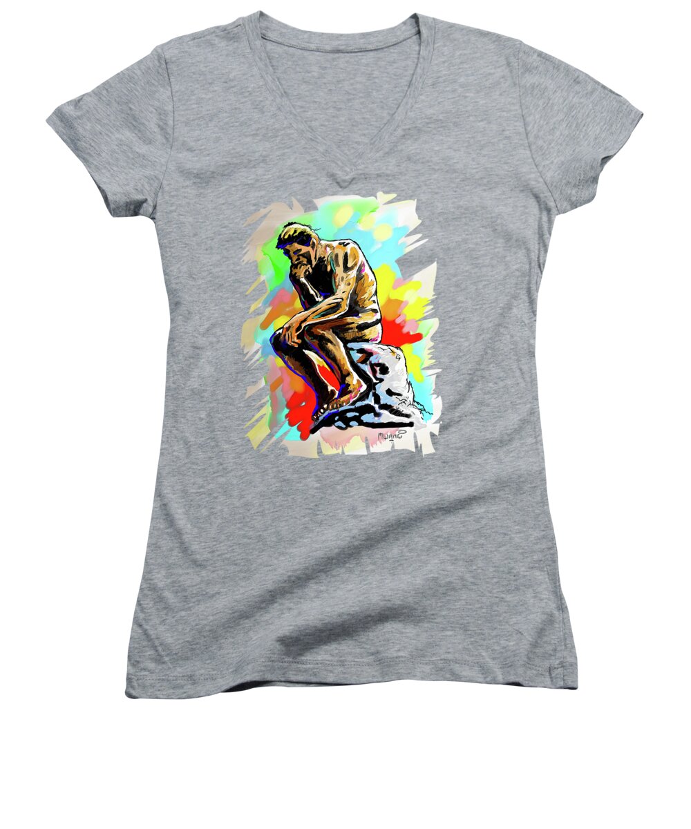 Paris Women's V-Neck featuring the painting Colorful Thinker by Anthony Mwangi
