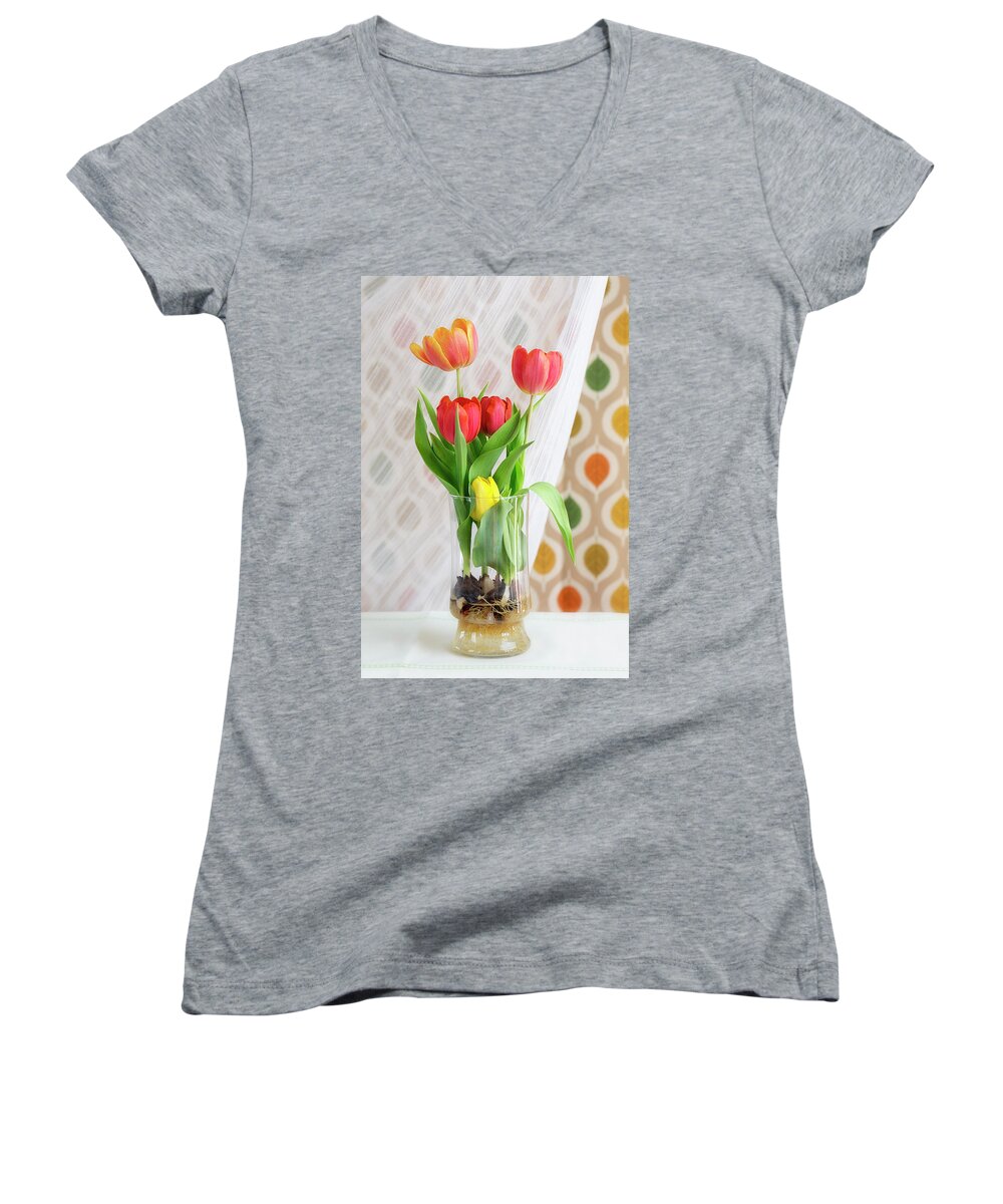 Tulips Women's V-Neck featuring the photograph Colorful Tulips and Bulbs in Glass Vase by Susan Gary