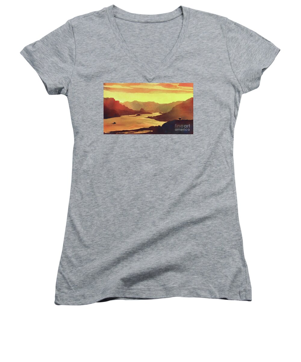 Clouds Women's V-Neck featuring the painting Columbia Gorge Scenery by Ryan Fox