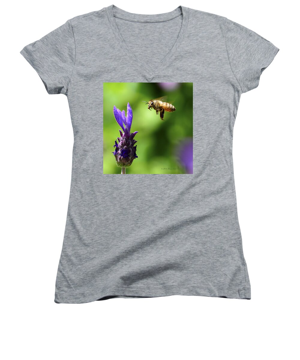 Honeybee Women's V-Neck featuring the photograph Coming In For A Landing by Brian Tada